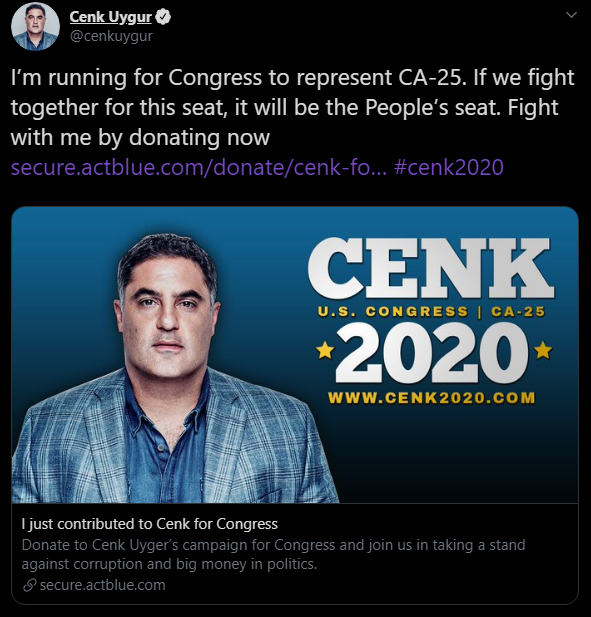 The Young Turks founder Cenk Uygur has announced his run for congress.